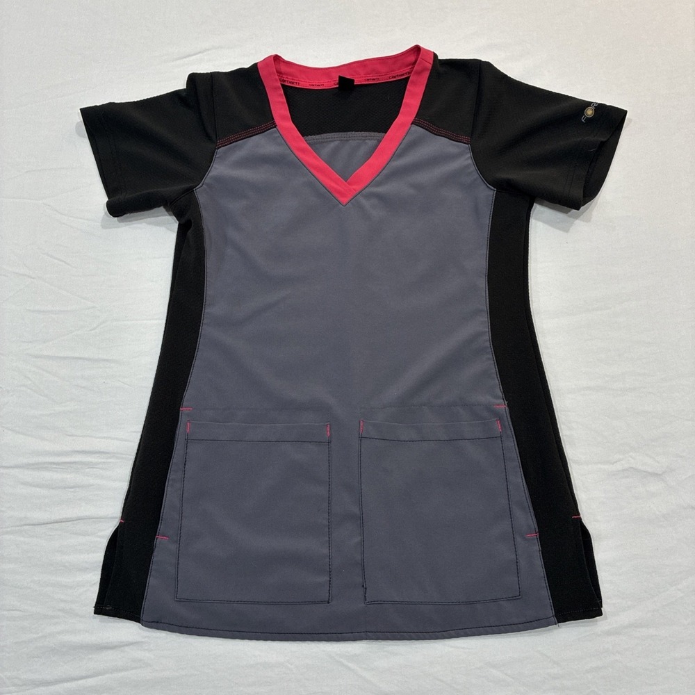 Carhartt Scrub Top Women's XS Gray Black Pink 4 Pockets‎ Stretch V-Neck Force
